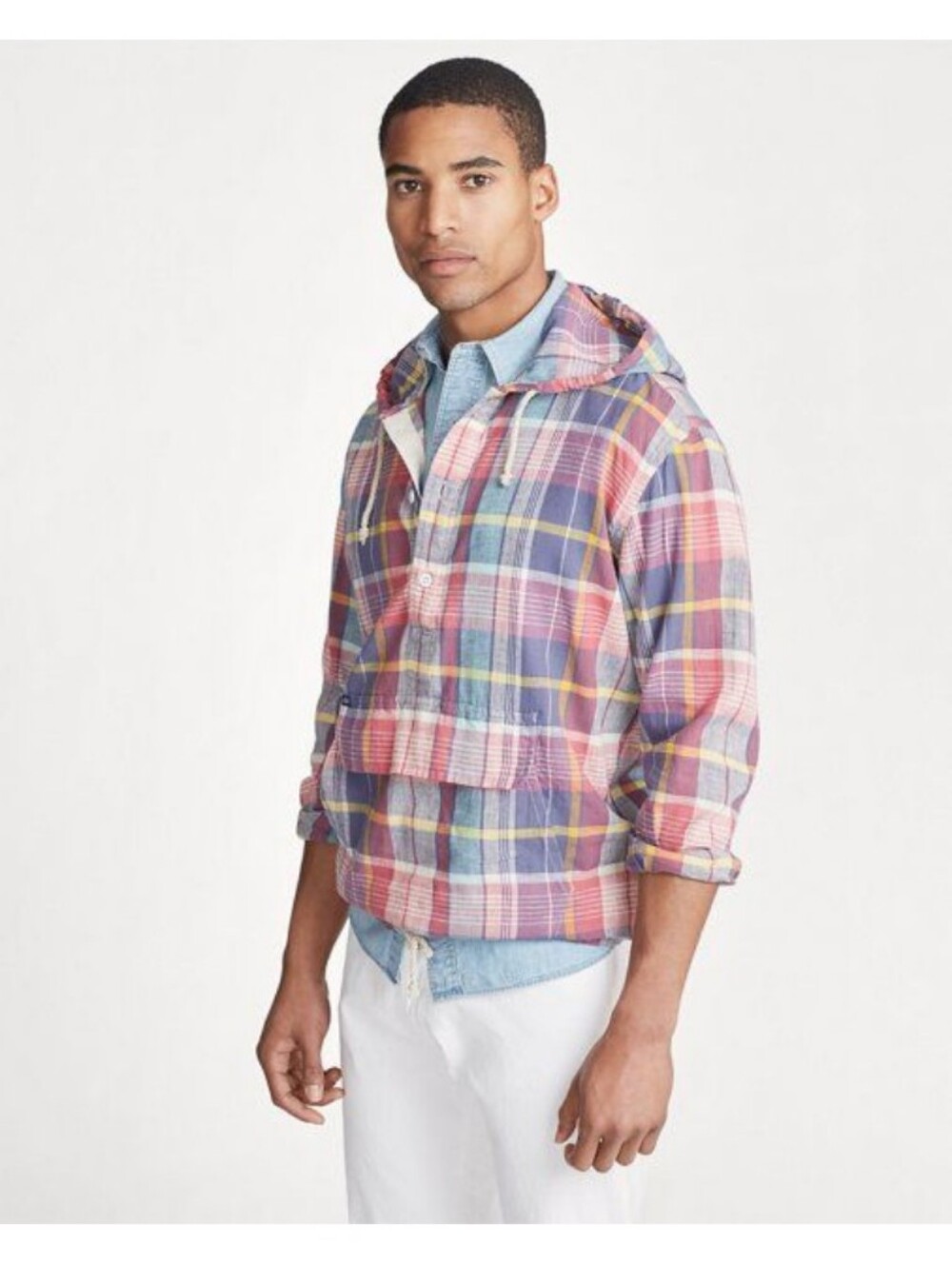 POLO Ralph Lauren Madras Cotton  Hooded Plaid Pullover Kang. Pouch Jacket - L